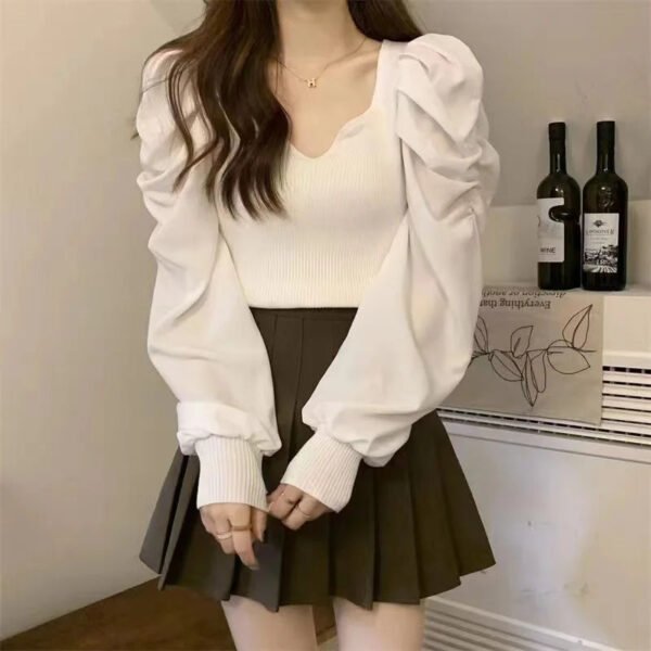 Puff Sleeve V Neck Long Sleeve Knitted Ladies Tops Oc822