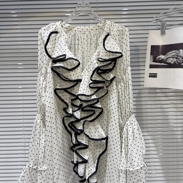 Boutique Summer New Fashionable Ruffle Edge Polka Dot Long Chiffon Women'S Shirt