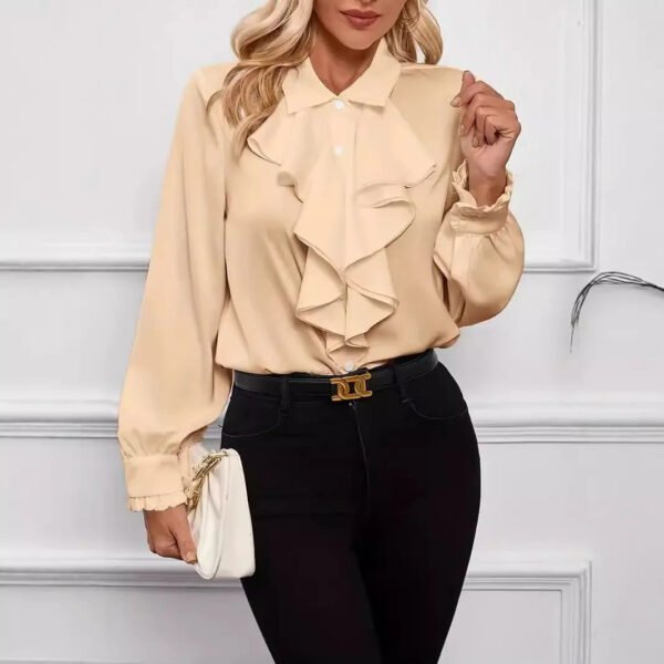 Elegant Style Spring Fall Ladies Shirts Solid Color Ruffle Office Shirt