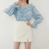 Women Korean Style Long Sleeve Blouse Ruffled Scoop Neck Pleated Front Satin Casual Shirt And Short Dress Set
