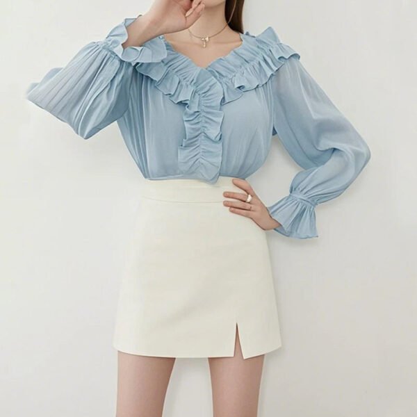 Women Korean Style Long Sleeve Blouse Ruffled Scoop Neck Pleated Front Satin Casual Shirt And Short Dress Set