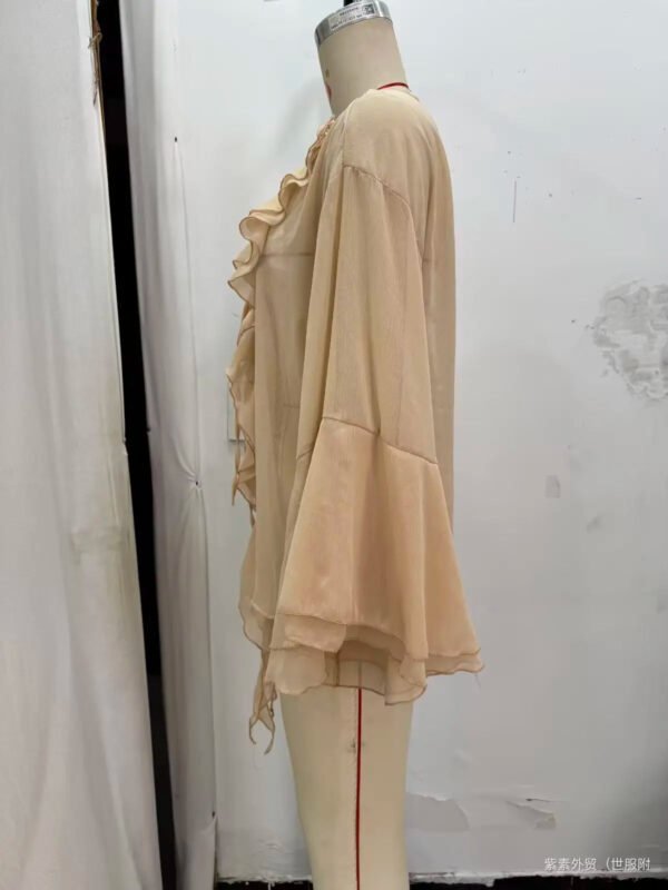 European And American Autumn New Women'S All Match V Neck Lace Up Ruffled Trumpet Sleeve Shirt 17024447