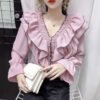 Women Ruffle Pleated Chiffon Blouse Court Style Solid Color Flare Long Sleeve Shirts Tops Girls Sweet Clothing Casual Shirt