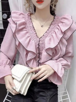 Women Ruffle Pleated Chiffon Blouse Court Style Solid Color Flare Long Sleeve Shirts Tops Girls Sweet Clothing Casual Shirt