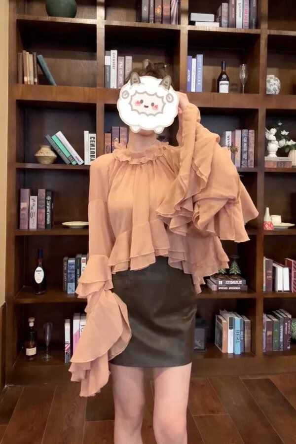 Elegant Ruffles Shirts For Women Spring Summer Stand Collar Butterfly Sleeve Spliced Lace Up Blouse Female Fashion