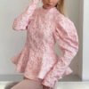 Women'S French Vintage Jacquard Stand Collar Blouse With Puff Sleeves Peplum Ruffle Hem Elegant Shirt Tops