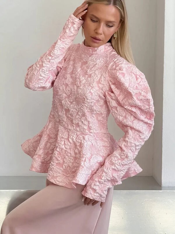 Women'S French Vintage Jacquard Stand Collar Blouse With Puff Sleeves Peplum Ruffle Hem Elegant Shirt Tops