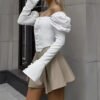 Retro French Romantic Office Leisure Niche Satin White Shirts Ladies Blouses Puff Shoulders Flare Long Sleeves Tops Women