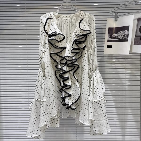 Boutique Summer New Fashionable Ruffle Edge Polka Dot Long Chiffon Women'S Shirt