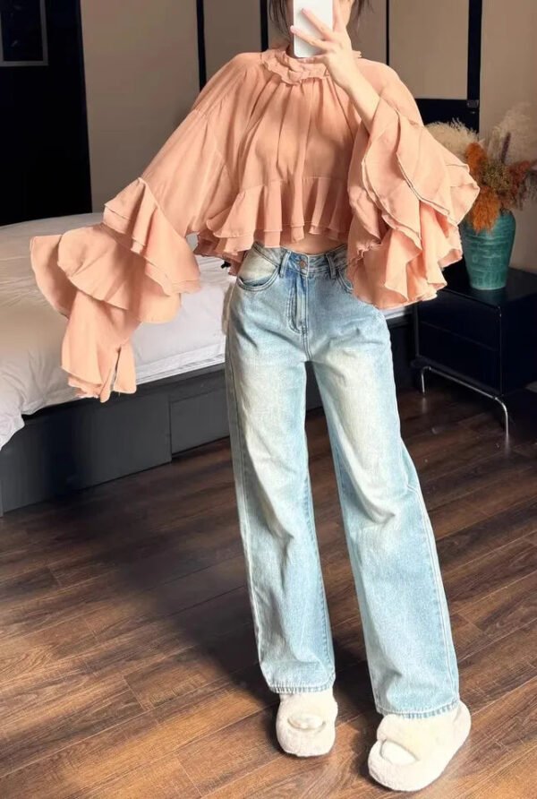 Elegant Ruffles Shirts For Women Spring Summer Stand Collar Butterfly Sleeve Spliced Lace Up Blouse Female Fashion