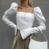 Retro French Romantic Office Leisure Niche Satin White Shirts Ladies Blouses Puff Shoulders Flare Long Sleeves Tops Women
