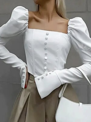 Hc063309faff84fd1accac07fc4799d5fa Retro French Romantic Office Leisure Niche Satin White Shirts Ladies Blouses Puff Shoulders Flare Long Sleeves Tops Women