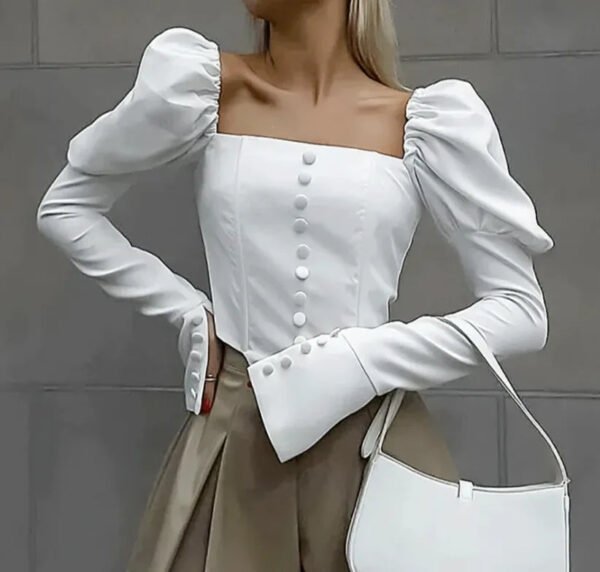 Retro French Romantic Office Leisure Niche Satin White Shirts Ladies Blouses Puff Shoulders Flare Long Sleeves Tops Women