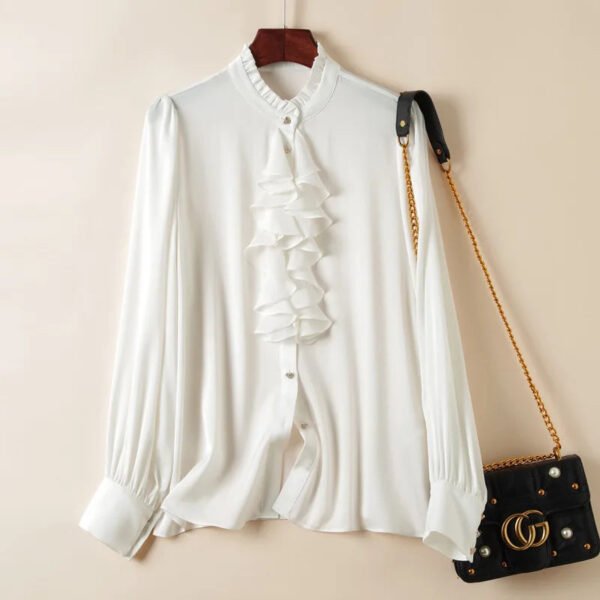 Women'S Silk Long Sleeve Shirt Lady'S Fashion Blouse With Ruffled Collar And Front