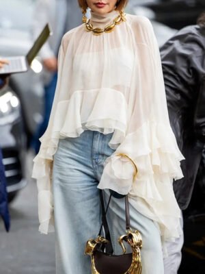 Summer New Elegant Women'S Casual Style Shirt Long Sleeve Top With Button Decoration And Mesh Ruffle Design Loose Fit