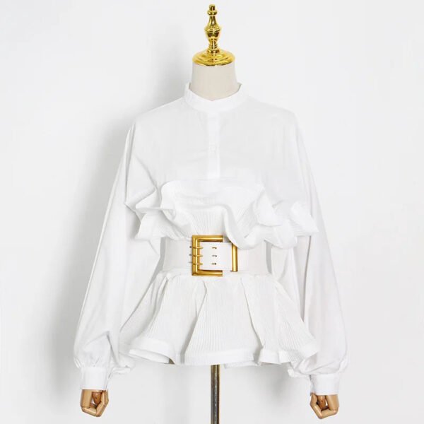 Trendy Women'S Round Neck Long Sleeve Pleated Ruffle Shirt Chic Belt Included, Elegant For Office & Casual