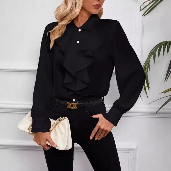 Elegant Style Spring Fall Ladies Shirts Solid Color Ruffle Office Shirt