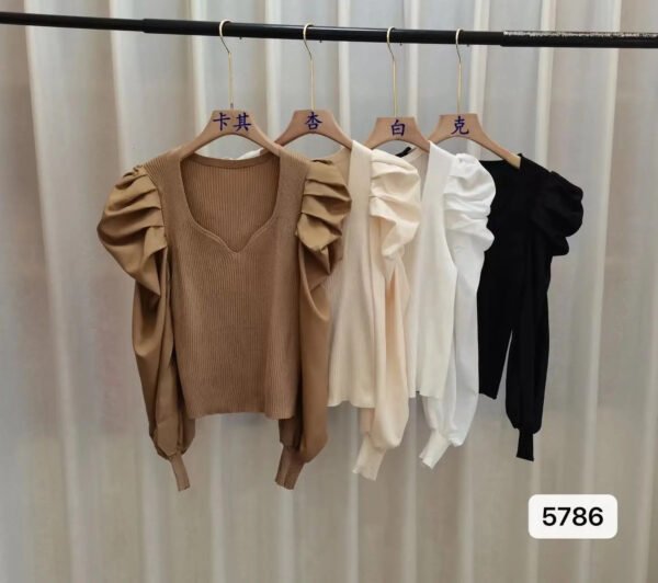 Puff Sleeve V Neck Long Sleeve Knitted Ladies Tops Oc822