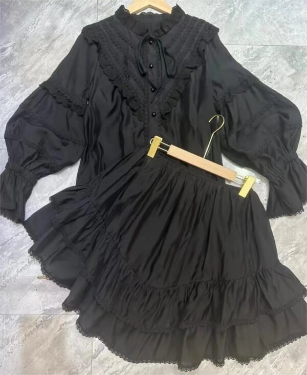 Spring And Summer New Single Breasted Lace Ruffle Shirt + Short Skirt Casual Suit Women'S Vacation