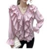 Women Ruffle Pleated Chiffon Blouse Court Style Solid Color Flare Long Sleeve Shirts Tops Girls Sweet Clothing Casual Shirt