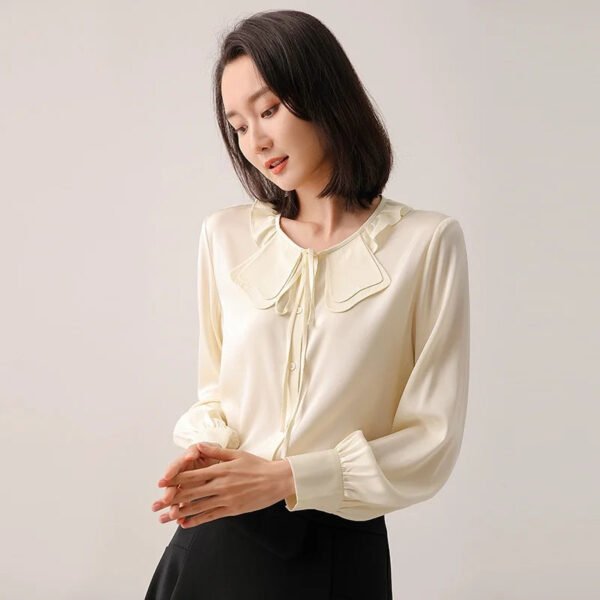 Early Spring New Women'S Mulberry Silk Shirt French Elegance Petal Collar Neck Long Sleeve Plain Dyed Solid Office