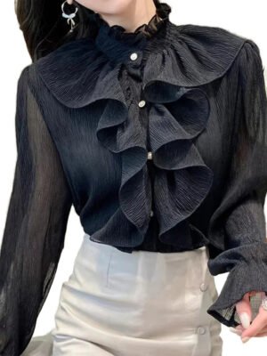 Hd3bb5131d2e949269588cf2246e15300D Korean Elegant Lace Blouse For Women 12946 Stand Collar Button Chiffon Shirt Long Flare Sleeve Ruffles Stitching Plain Dyed
