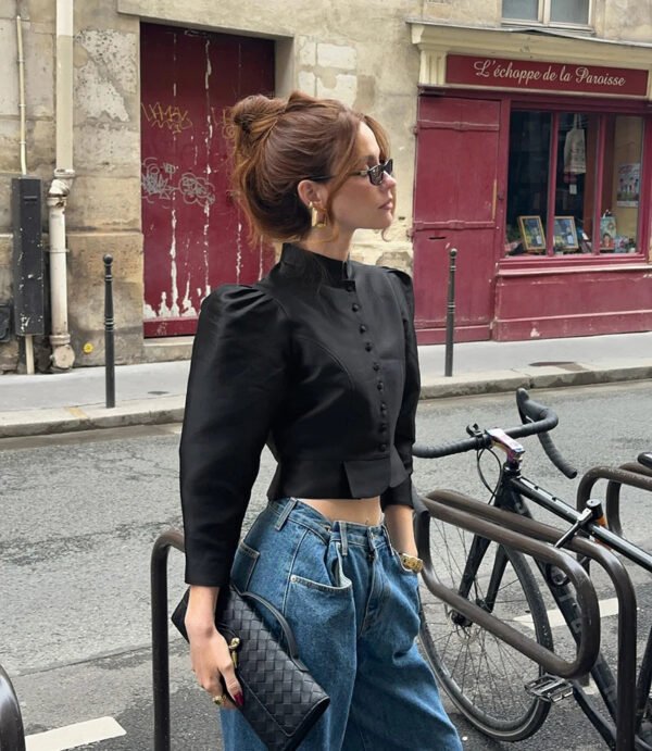 Made Womens French Style Stand Collar Blouse With Puff Sleeves Satin Office Wear Royal Court Elegant Shirt Luxury Tops