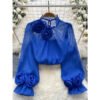 French Shirt Women'S Three Dimensional Floral Puffed Sleeves Youthful And Versatile Solid Color Chiffon Long Sleeved Top