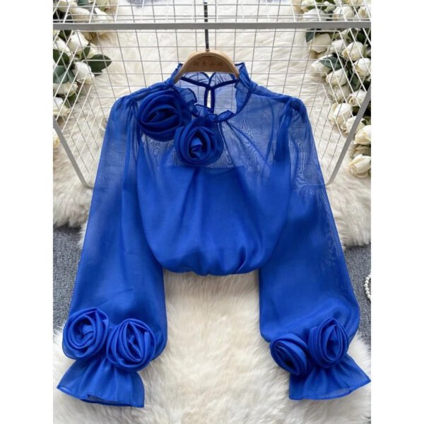 French Shirt Women'S Three Dimensional Floral Puffed Sleeves Youthful And Versatile Solid Color Chiffon Long Sleeved Top