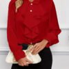 Elegant Style Spring Fall Ladies Shirts Solid Color Ruffle Office Shirt
