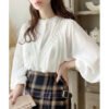 New Designs Lady Elegant Office Puff Sleeve Pleated Shirt Sweet Femme Women Japanese Blouse Shirt