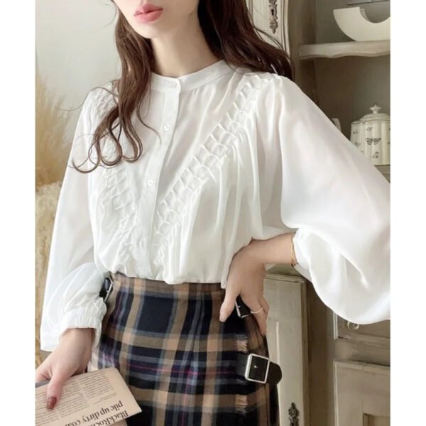 New Designs Lady Elegant Office Puff Sleeve Pleated Shirt Sweet Femme Women Japanese Blouse Shirt