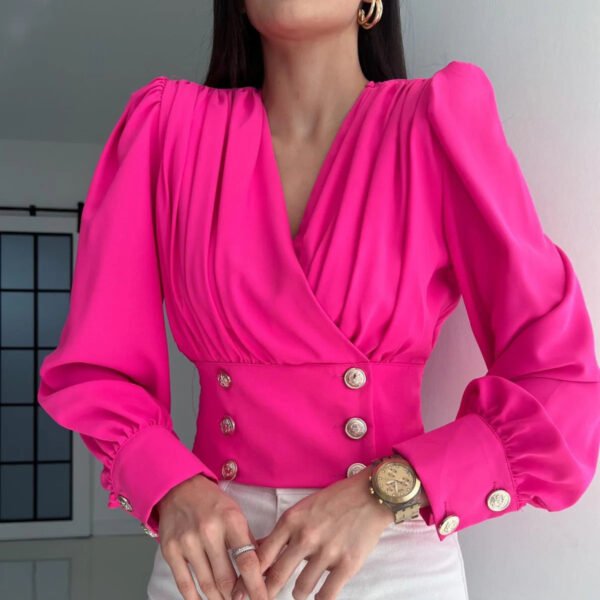 Sexy Deep V Neck Chiffon Women Clothing Tops Office Puff Sleeve Women Blouse Top Shirts Tops For Women