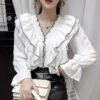 Women Ruffle Pleated Chiffon Blouse Court Style Solid Color Flare Long Sleeve Shirts Tops Girls Sweet Clothing Casual Shirt
