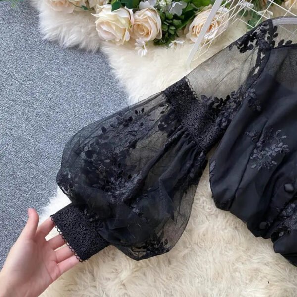 Women'S Summer Slim Court Style Blouse French Mesh Lace Stand Collar Three Dimensional Embroidered Puff Sleeves Long Female