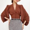 Lady Retro Tops Women'S V Neck Long Lantern Sleeve Court Slim Shirt Elegant Blouse