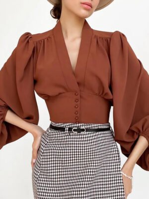 He4f626affb494d3cb3790428916807e1Z Lady Retro Tops Women'S V Neck Long Lantern Sleeve Court Slim Shirt Elegant Blouse