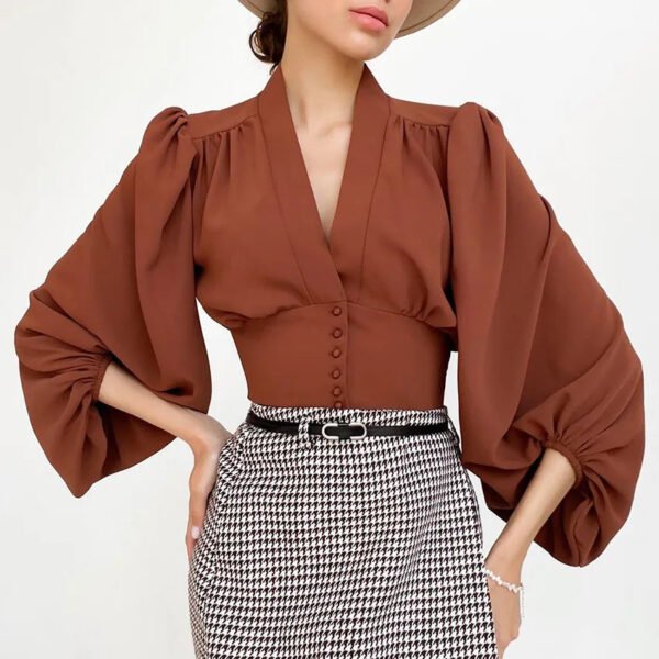 Lady Retro Tops Women'S V Neck Long Lantern Sleeve Court Slim Shirt Elegant Blouse
