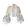 Women'S Summer Slim Court Style Blouse French Mesh Lace Stand Collar Three Dimensional Embroidered Puff Sleeves Long Female