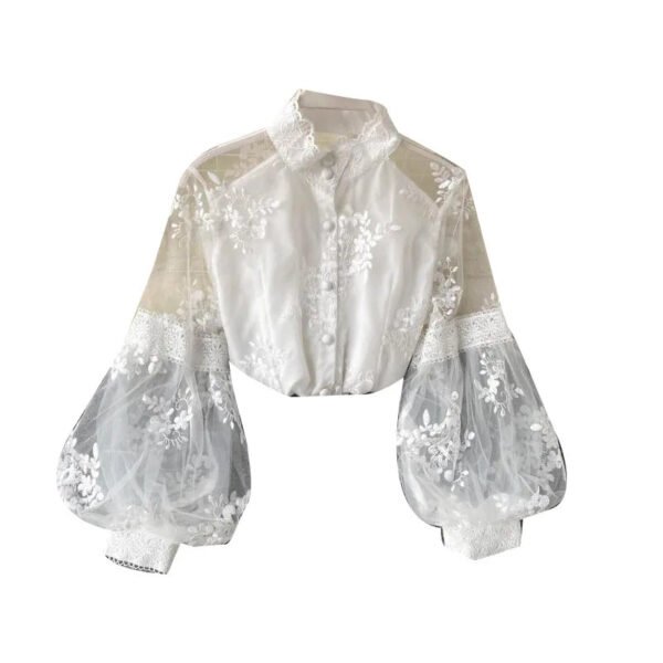 Women'S Summer Slim Court Style Blouse French Mesh Lace Stand Collar Three Dimensional Embroidered Puff Sleeves Long Female
