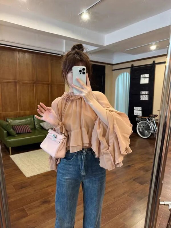 Elegant Ruffles Shirts For Women Spring Summer Stand Collar Butterfly Sleeve Spliced Lace Up Blouse Female Fashion