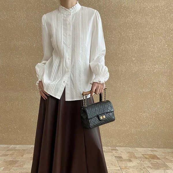 Cotton Women'S Elegant Pleated Puff Long Sleeve Blouse