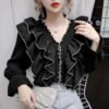 Women Ruffle Pleated Chiffon Blouse Court Style Solid Color Flare Long Sleeve Shirts Tops Girls Sweet Clothing Casual Shirt