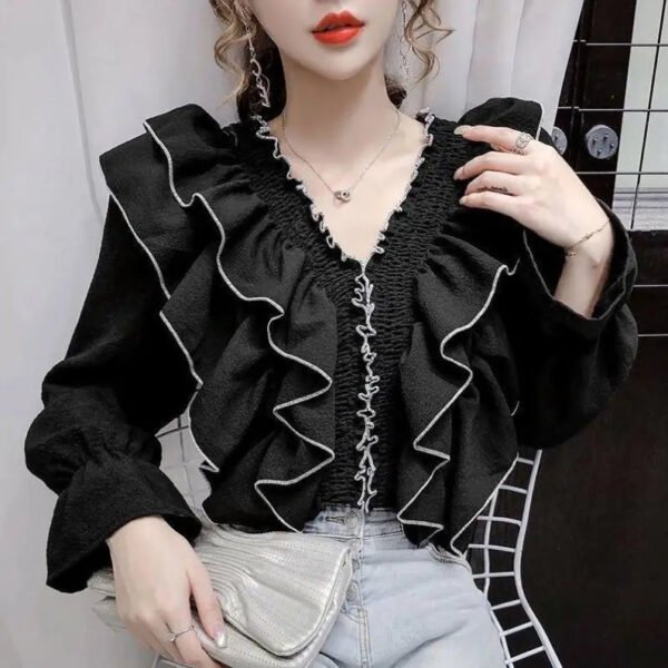 Women Ruffle Pleated Chiffon Blouse Court Style Solid Color Flare Long Sleeve Shirts Tops Girls Sweet Clothing Casual Shirt