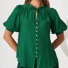 Elegant Solid Color Loose Short Sleeved Puff Sleeves Blouse With Bow Chinese Style Ladies Formal Shirt For Women