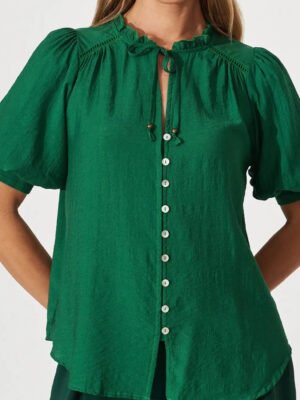 Hfbec15cbd4b5476ba0549fa6e327ca14d Elegant Solid Color Loose Short Sleeved Puff Sleeves Blouse With Bow Chinese Style Ladies Formal Shirt For Women