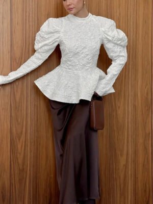 Women'S French Vintage Jacquard Stand Collar Blouse With Puff Sleeves Peplum Ruffle Hem Elegant Shirt Tops