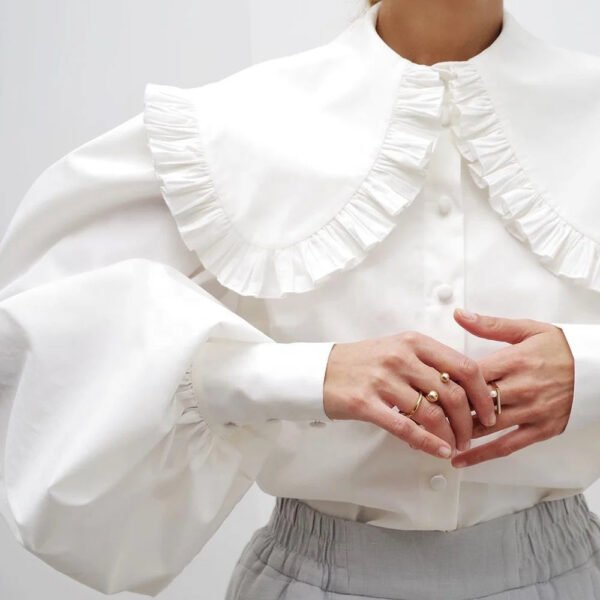 Crochet Knit Saree Blouse Waffle T Shirt Bangkok Round Collar Court Style Childlike Ruffles Shirts Puff Long Sleeves White Top