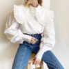 Crochet Knit Saree Blouse Waffle T Shirt Bangkok Round Collar Court Style Childlike Ruffles Shirts Puff Long Sleeves White Top