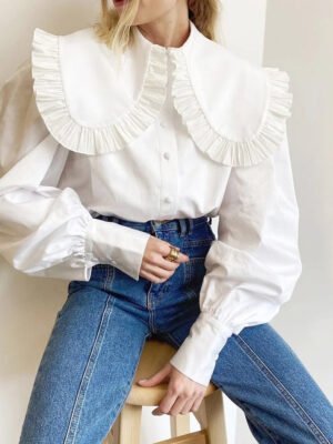 S2de49014a98444e281d438ded700c4083 Crochet Knit Saree Blouse Waffle T Shirt Bangkok Round Collar Court Style Childlike Ruffles Shirts Puff Long Sleeves White Top